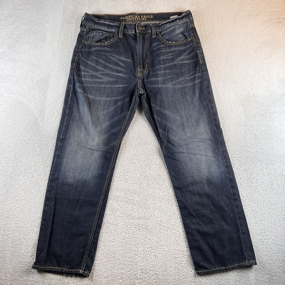 American Eagle Mens Relaxed Straight Jeans 34X30 Dark Blue Wash Denim